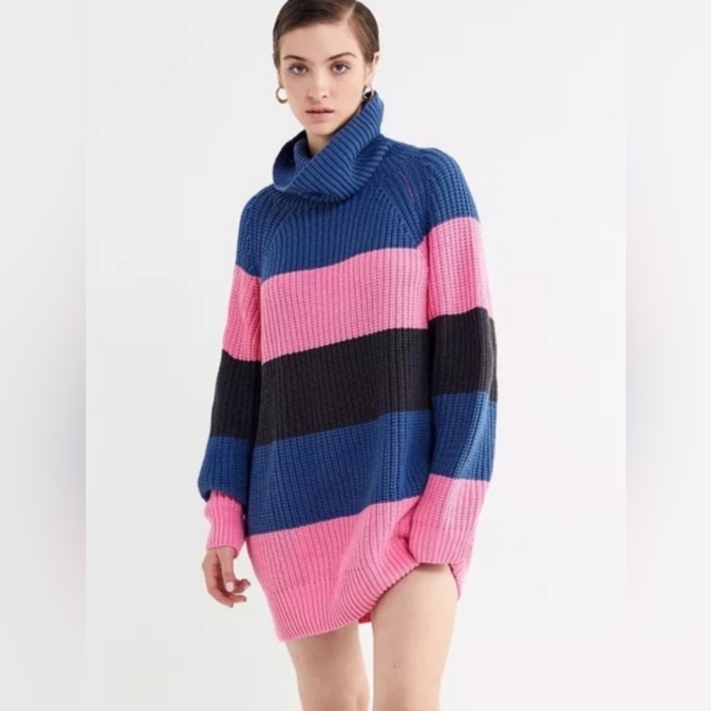 Lazy Oaf Blue, Pink & Black Striped Turtleneck Sweater